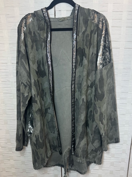 New Collection Jackets & Blazers - New Collection Boutique Camo Sequined Open Front Lightweight Hooded Jacket